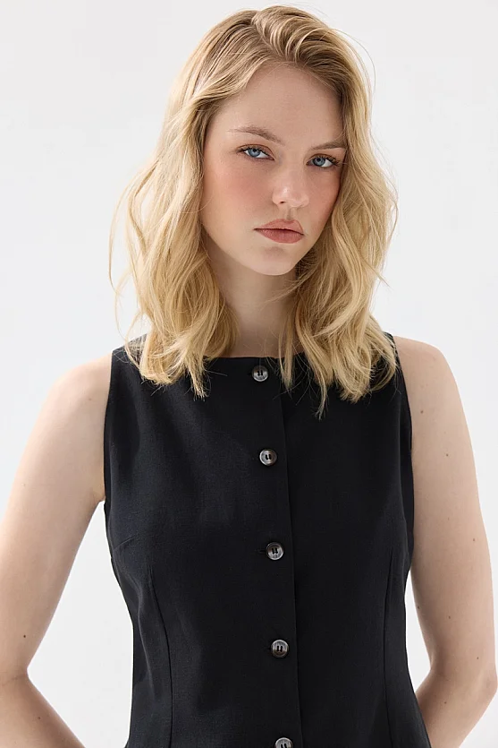 Sleeveless Linen Pinafore Dress with Buttons - Black - Gusto
