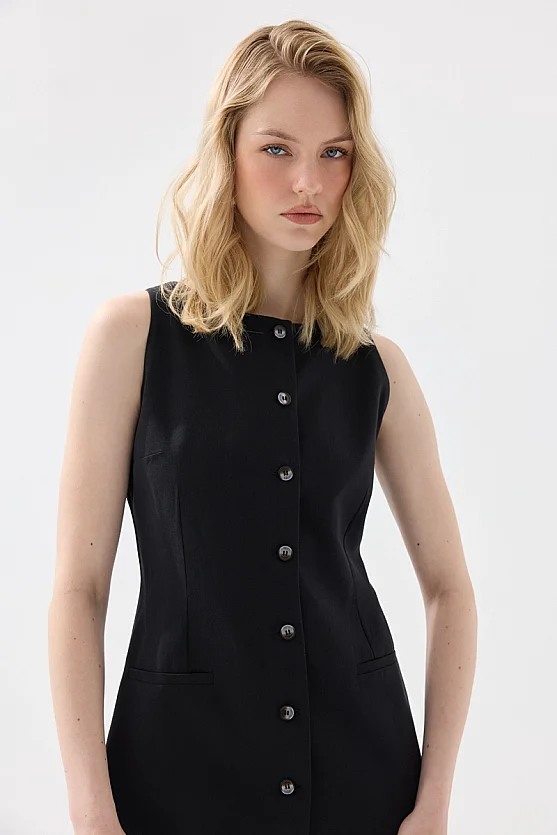 Sleeveless Linen Pinafore Dress with Buttons - Black - 3