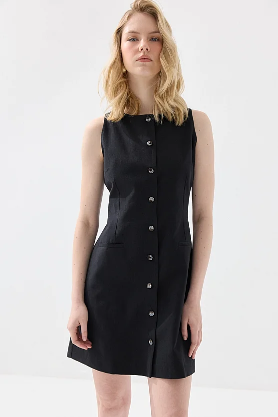 Sleeveless Linen Pinafore Dress with Buttons - Black - Gusto