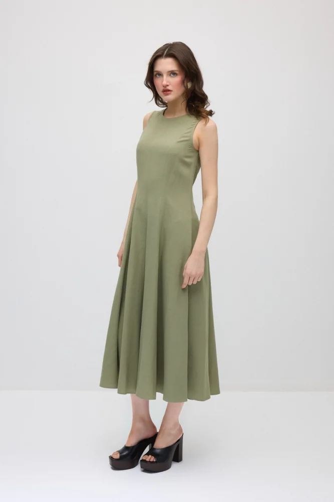 Sleeveless Long Cotton Linen Dress - Khaki Khaki
