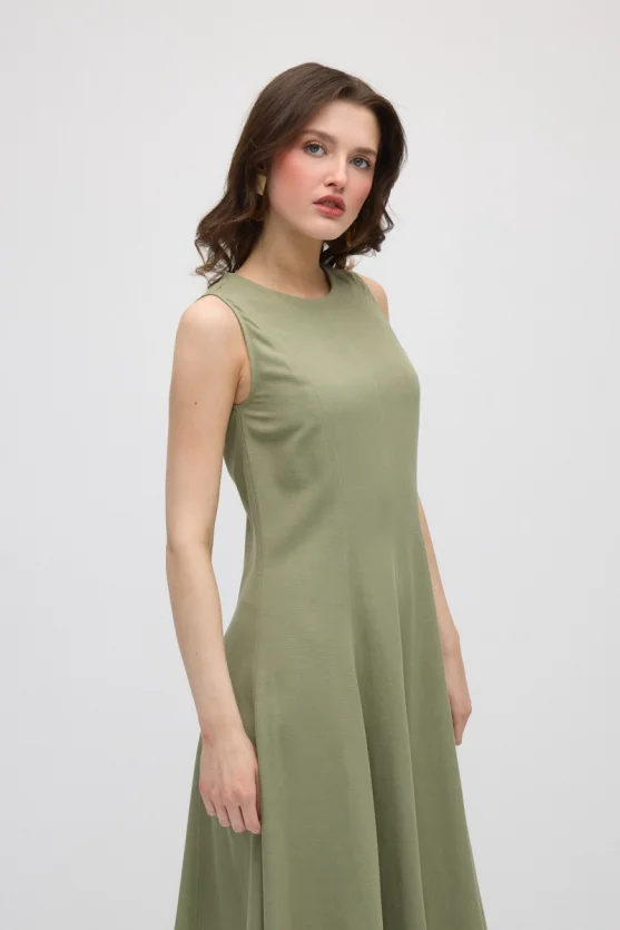 Sleeveless Long Cotton Linen Dress - Khaki - 3