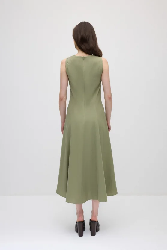 Sleeveless Long Cotton Linen Dress - Khaki - Gusto