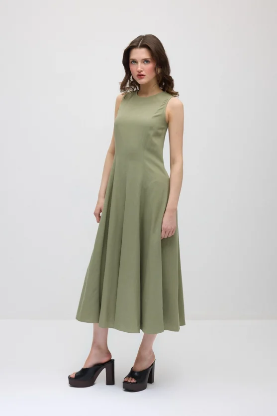 Sleeveless Long Cotton Linen Dress - Khaki - Gusto