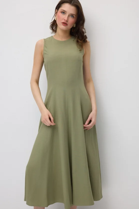 Sleeveless Long Cotton Linen Dress - Khaki - Gusto