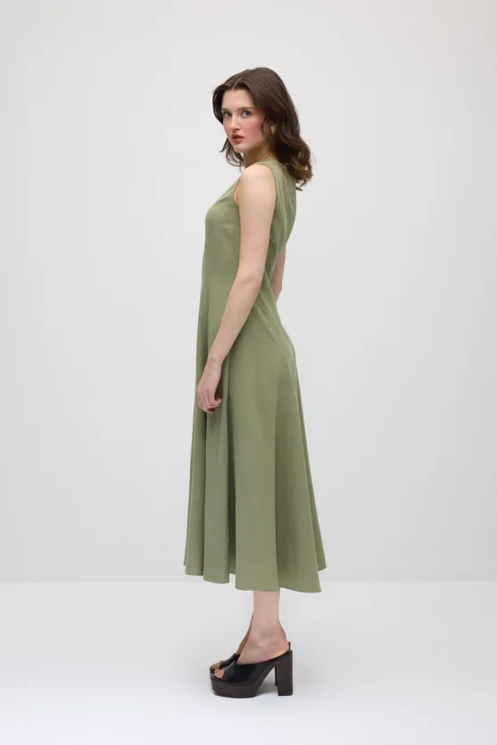 Sleeveless Long Cotton Linen Dress - Khaki - Gusto