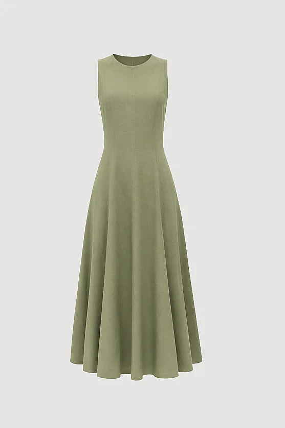 Sleeveless Long Cotton Linen Dress - Khaki - 7
