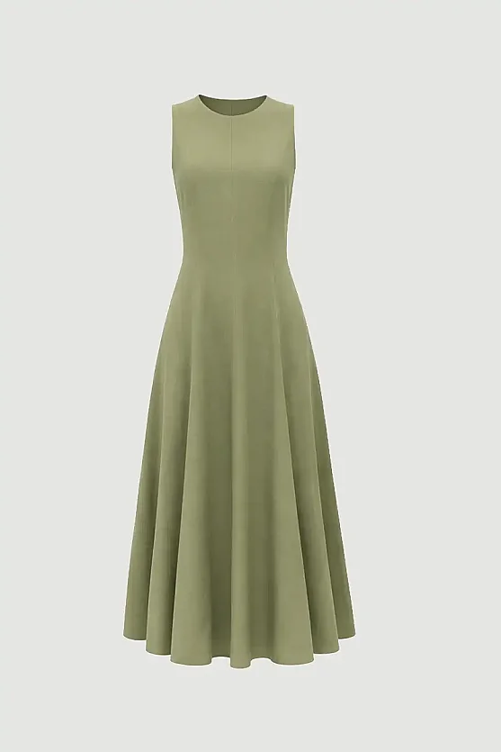 Sleeveless Long Cotton Linen Dress - Khaki - Gusto