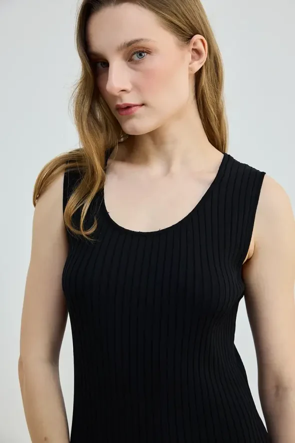Sleeveless Long Knit Dress - Black - 3