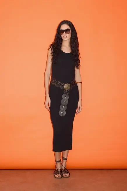 Sleeveless Long Knit Dress - Black Black
