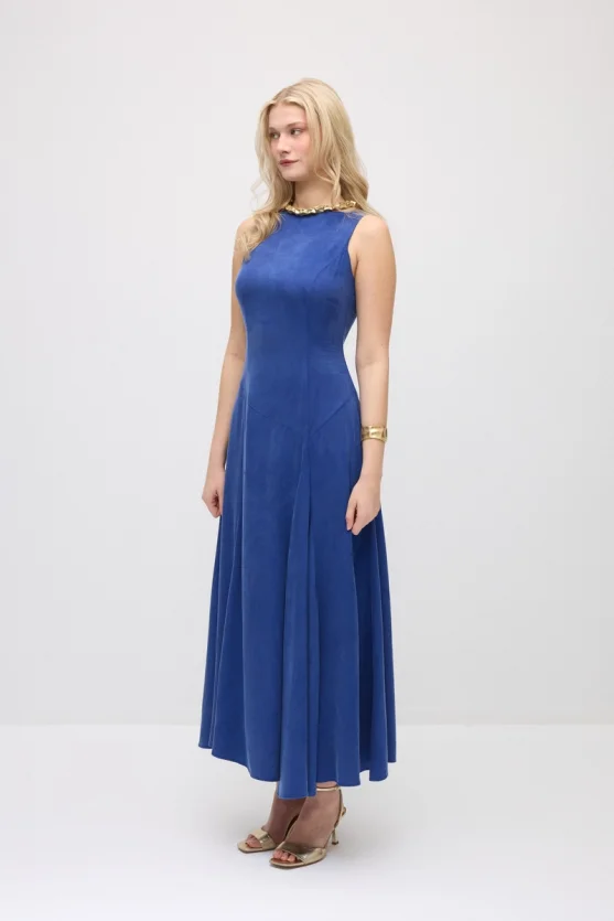 Sleeveless Long Lyocell Dress - Navy Blue - Gusto