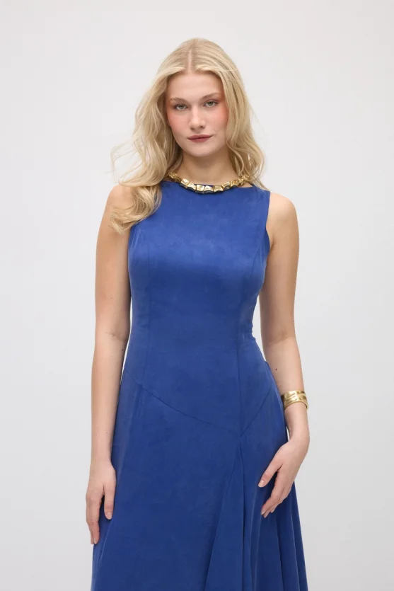 Sleeveless Long Lyocell Dress - Navy Blue - Gusto
