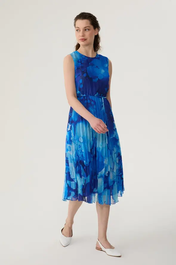 Sleeveless Pleated Chiffon Dress - Blue - 2