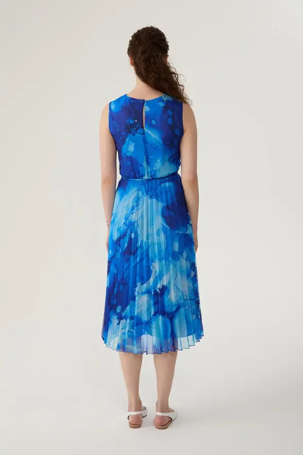 Sleeveless Pleated Chiffon Dress - Blue - 5