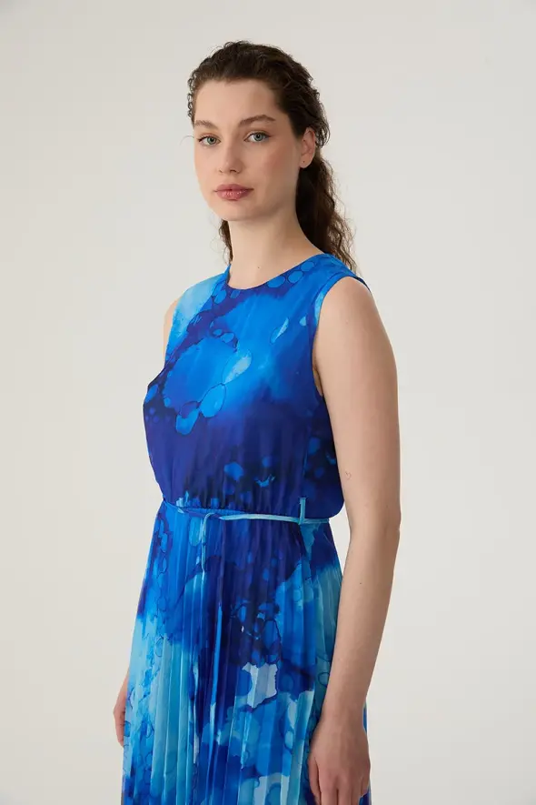 Sleeveless Pleated Chiffon Dress - Blue - 3