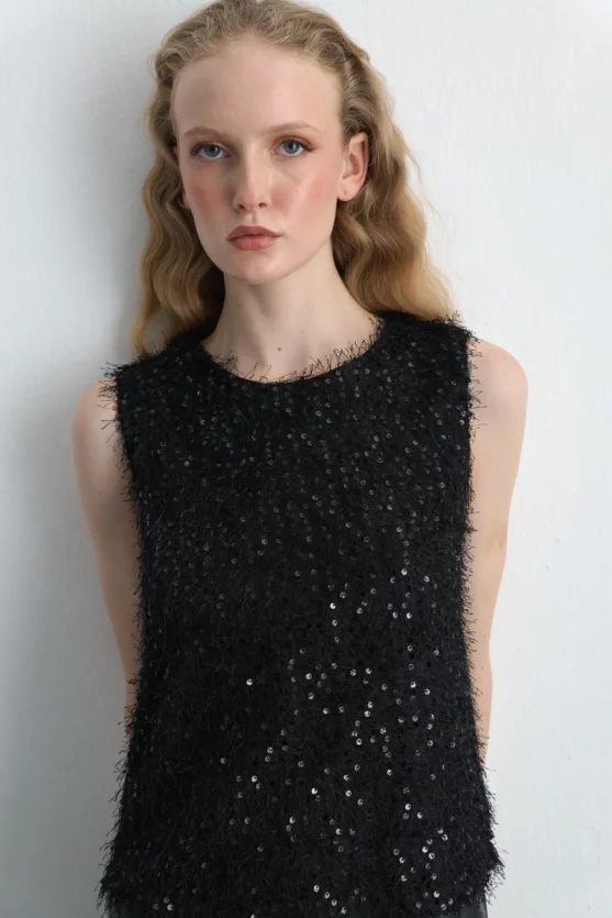 Sleeveless Sequin Jersey Blouse - Black - Gusto