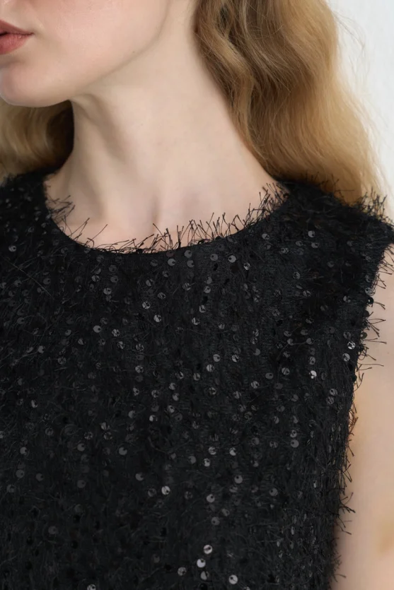 Sleeveless Sequin Jersey Blouse - Black - 4