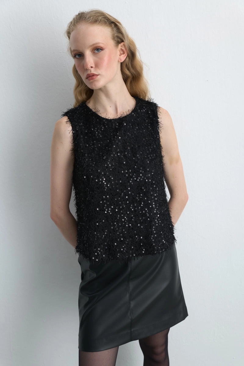 Sleeveless Sequin Jersey Blouse - Black - 1