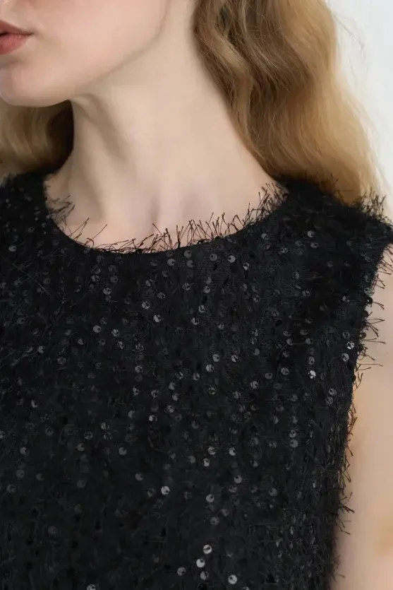 Sleeveless Sequin Jersey Blouse - Black - Gusto