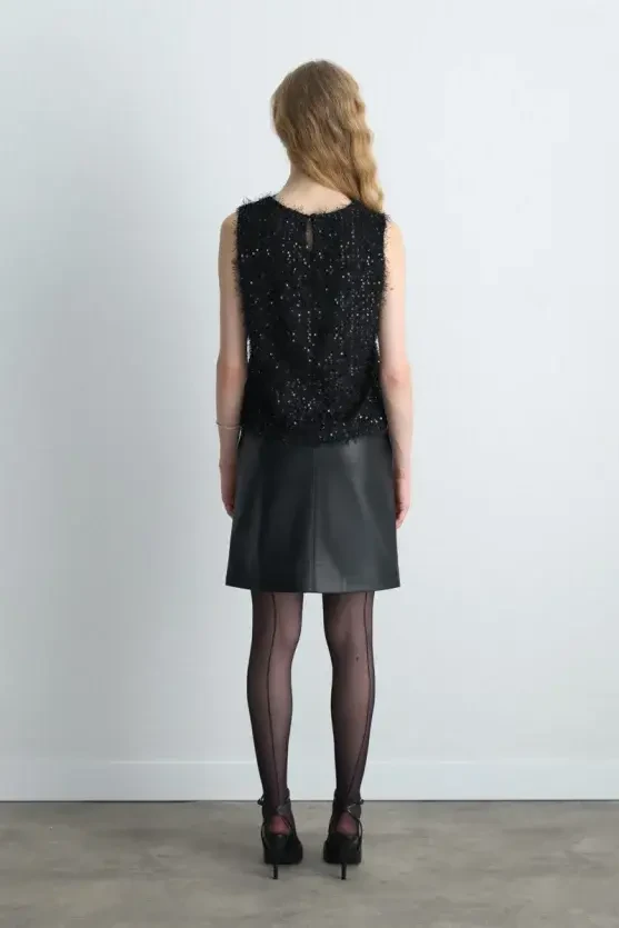 Sleeveless Sequin Jersey Blouse - Black - Gusto