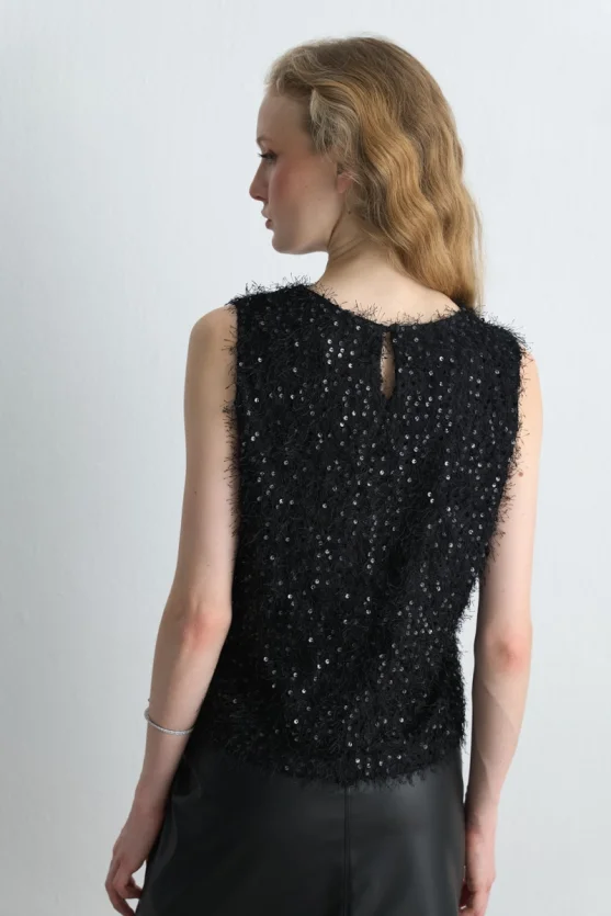 Sleeveless Sequin Jersey Blouse Black - Gusto