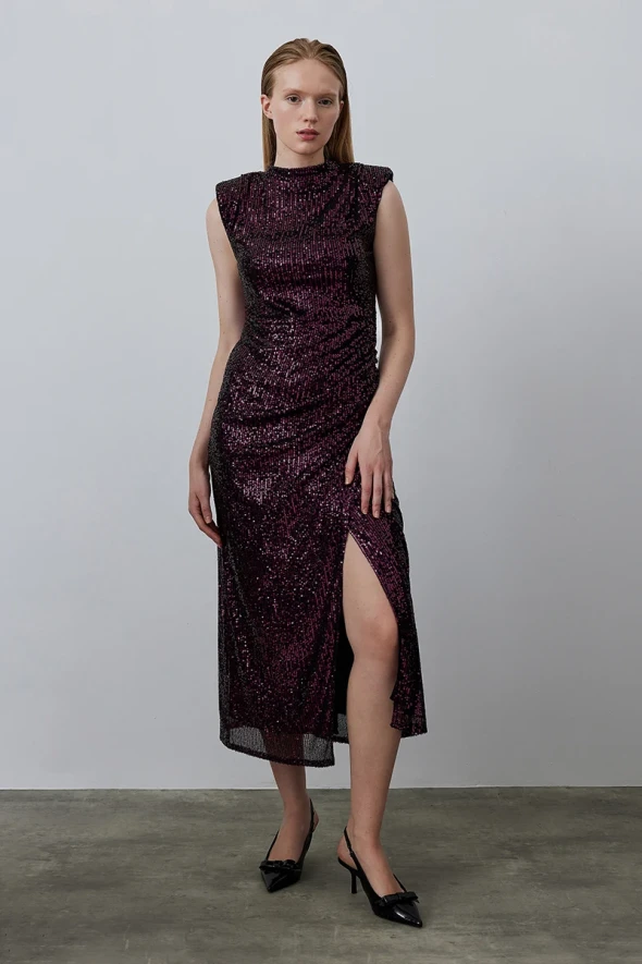 Sleeveless Sequined Evening Dress - Plum - 2