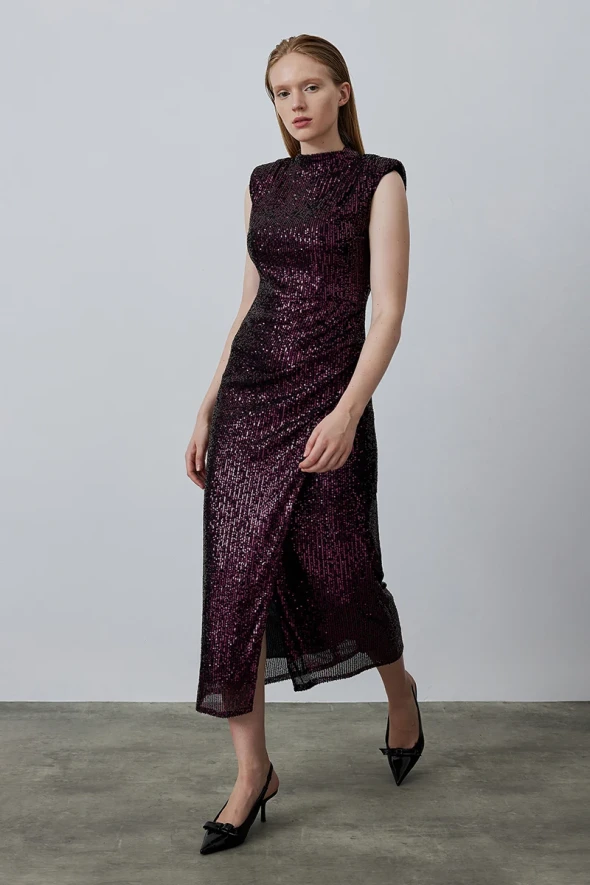 Sleeveless Sequined Evening Dress - Plum - 3