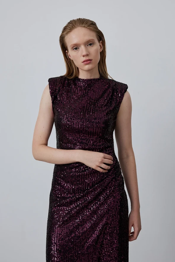 Sleeveless Sequined Evening Dress - Plum - 5