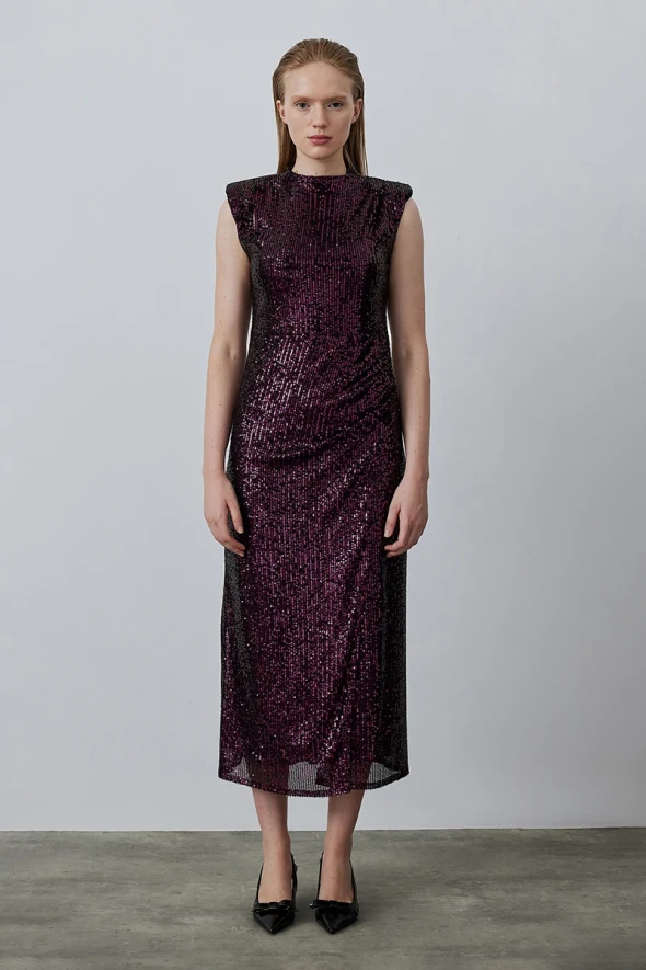 Sleeveless Sequined Evening Dress - Plum - 4