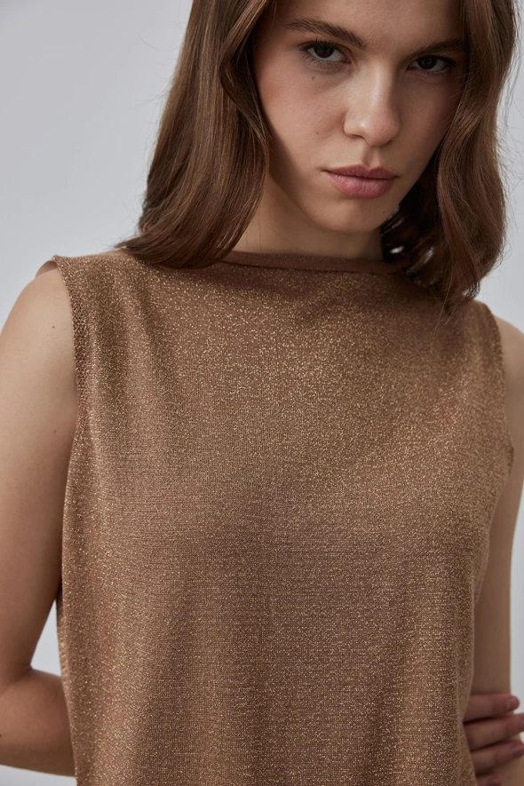 Sleeveless Silvery Sweater Blouse - Gold - 3