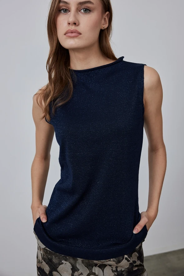 Sleeveless Silvery Sweater Blouse - Navy Blue - 1