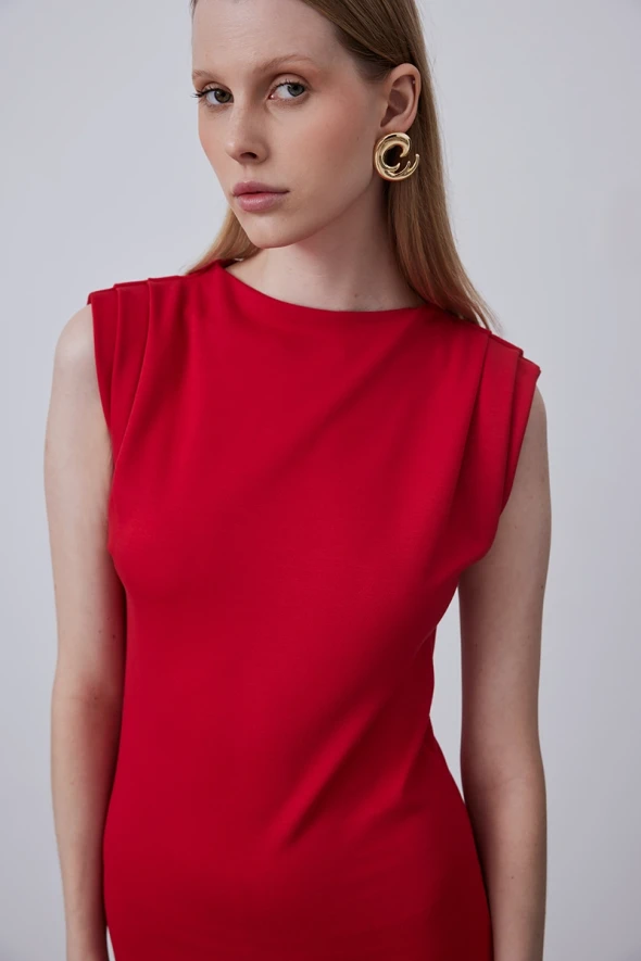 Sleeveless Steel Knit Dress - Red - 5