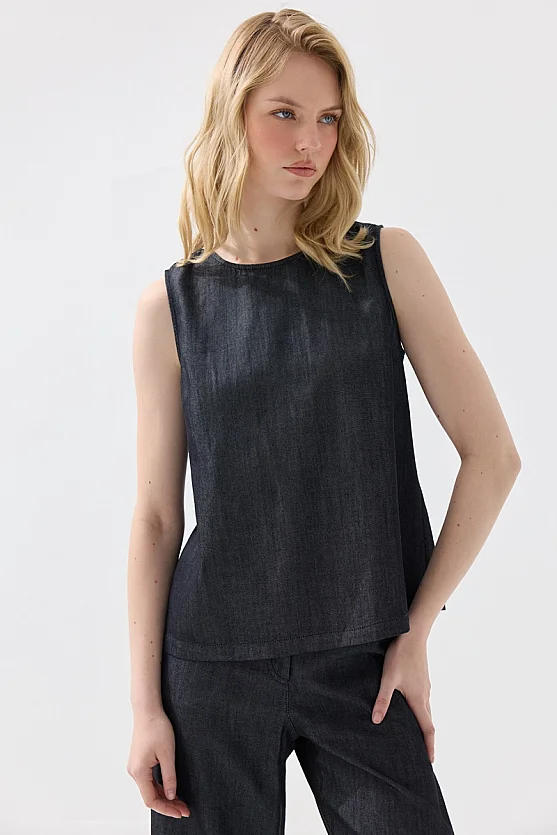 Sleeveless Tencel Denim Blouse - Navy Blue - Gusto