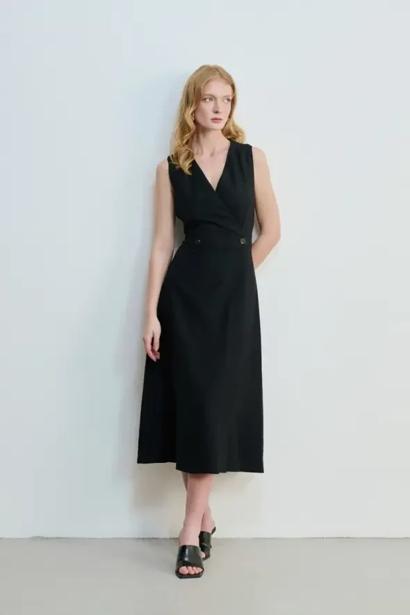 Sleeveless Wrap-Around Long Dress - Black - 1