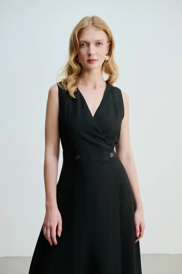 Sleeveless Wrap-Around Long Dress - Black - 2