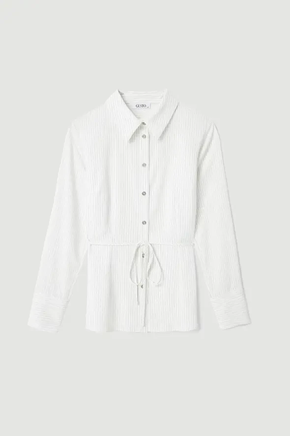 Slim Striped Shirt with Drawstring Waistband - White - 5