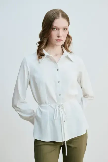 Slim Striped Shirt with Drawstring Waistband - White White