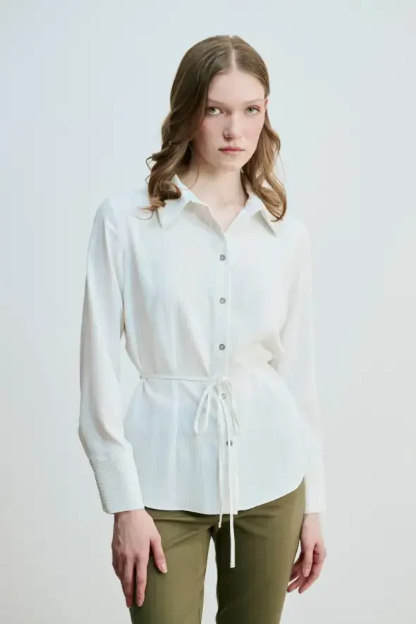 Slim Striped Shirt with Drawstring Waistband - White - 2