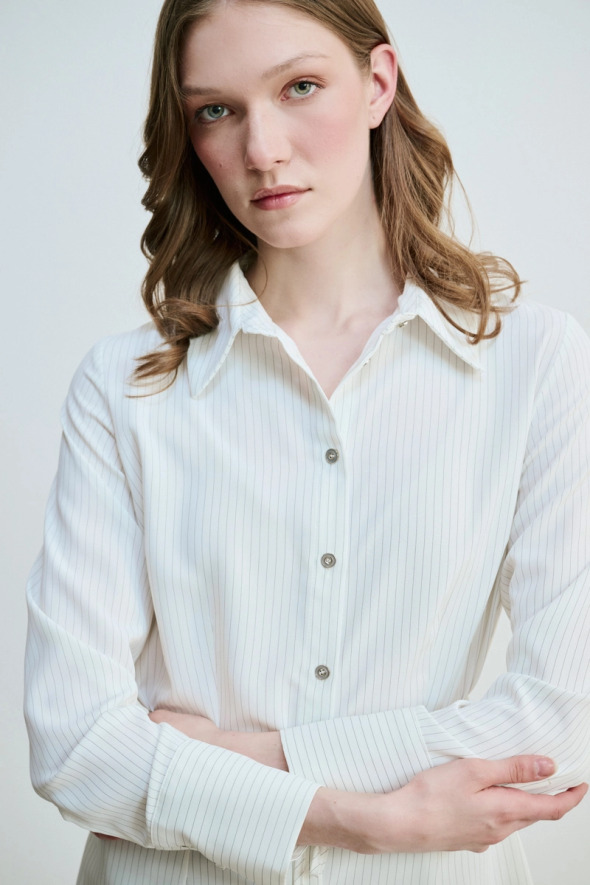 Slim Striped Shirt with Drawstring Waistband - White - 3