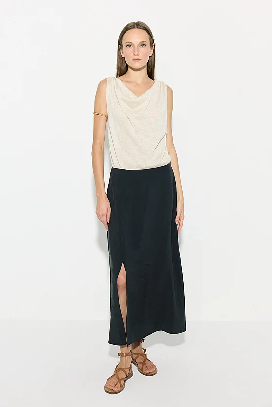 Slit Detail Modal Midi Skirt - Black - Gusto