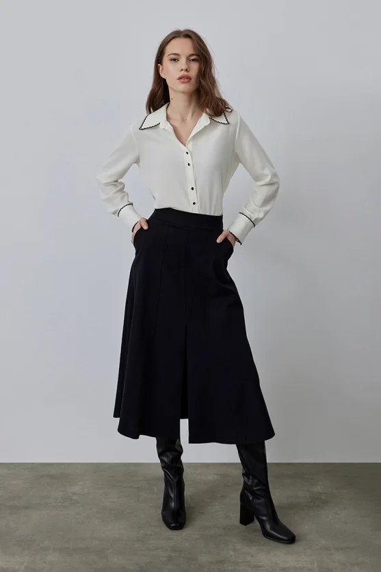 Slit Long Canvas Skirt - Black - Gusto