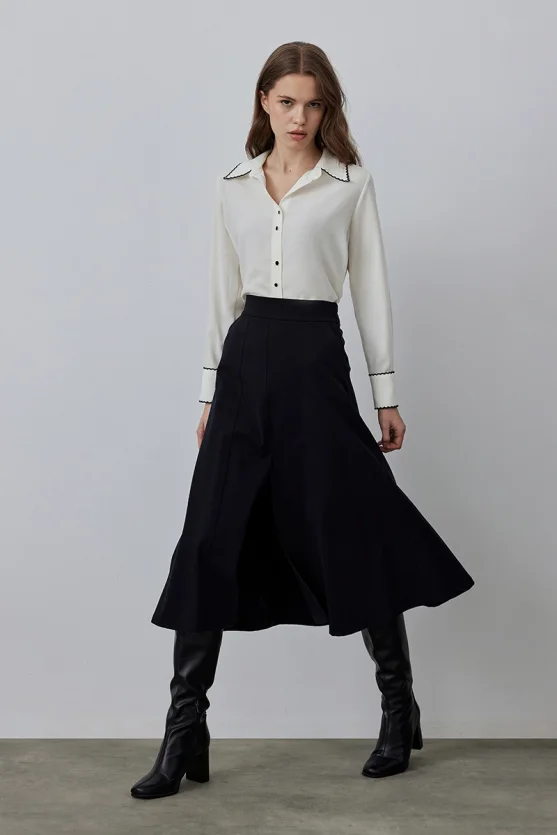 Slit Long Canvas Skirt - Black - Gusto