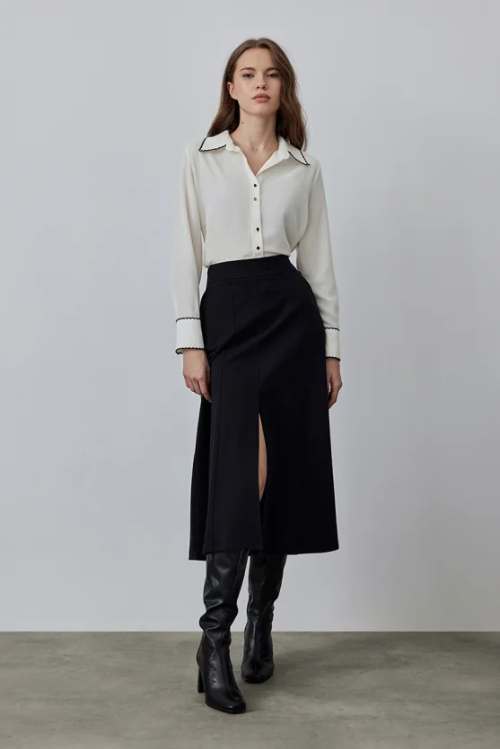 Slit Long Canvas Skirt - Black - Gusto