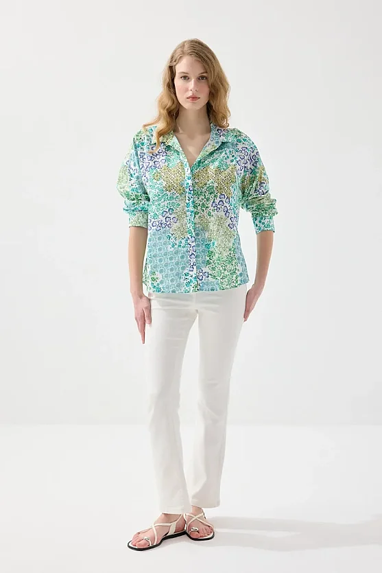 Small Pattern Relaxed Fit Cotton Shirt - Green - Gusto