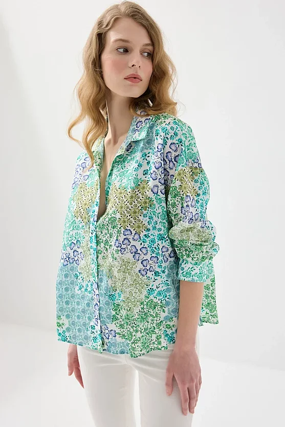 Small Pattern Relaxed Fit Cotton Shirt - Green - Gusto