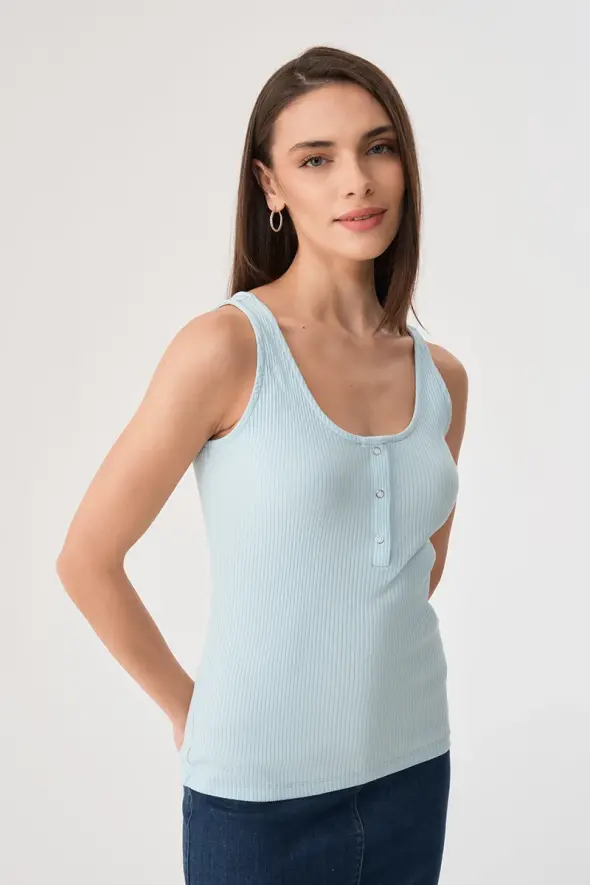 Snap Button Cami Tank Top - Turquoise - 1