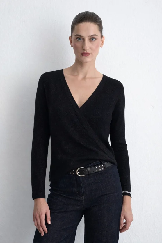 Soft Sequin Envelope Cut Knit Blouse Black - Gusto