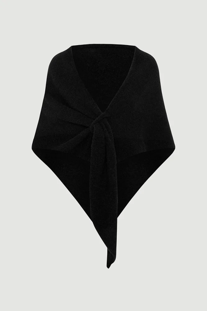Soft-Textured Tie-Up Triangle Shawl – Black