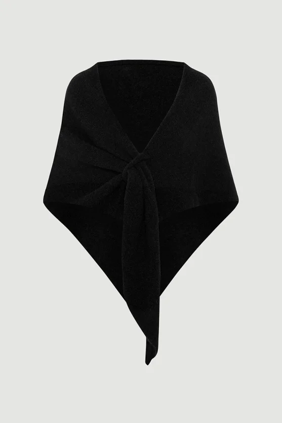 Soft-Textured Tie-Up Triangle Shawl – Black - 1
