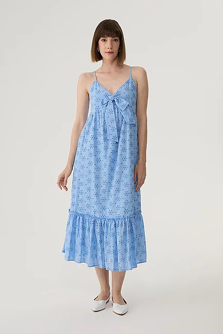 Spaghetti Strap Broderie Dress with Front Bow - Blue - Gusto