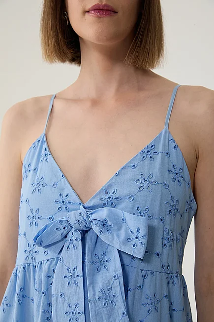 Spaghetti Strap Broderie Dress with Front Bow - Blue - Gusto